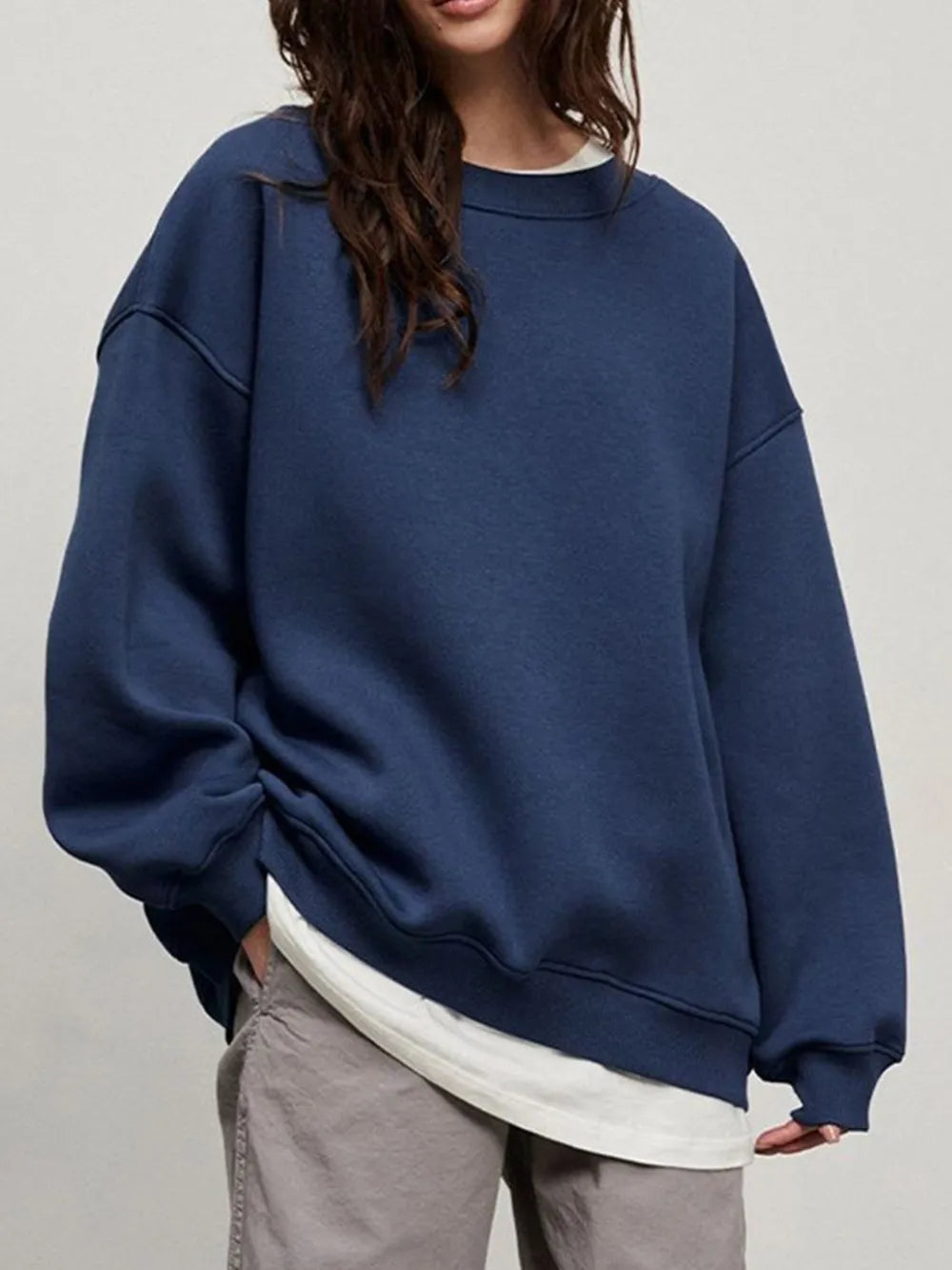 Round Neck Dropped Shoulder Long Sleeve Sweatshirt - Dark Blue