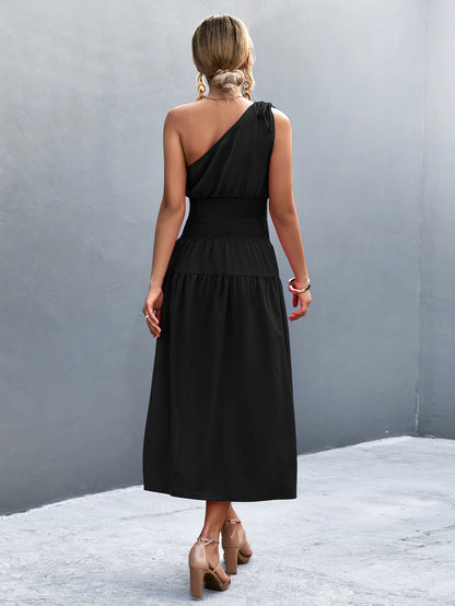 Asymmetrical One Shoulder Smocked Waist Midi Dress | AdoreStarr