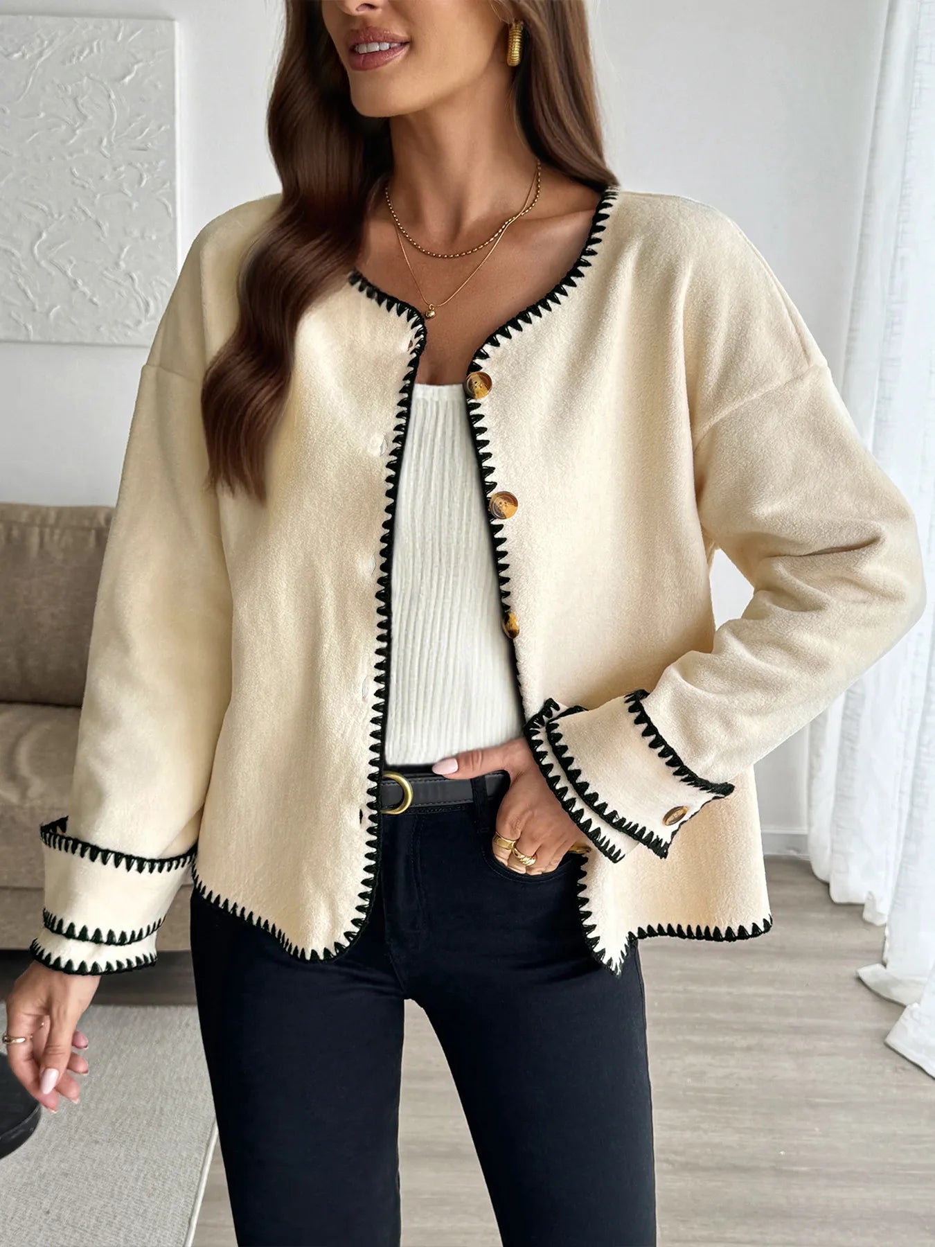 Contrast Trim Button Up Jacket - Beige