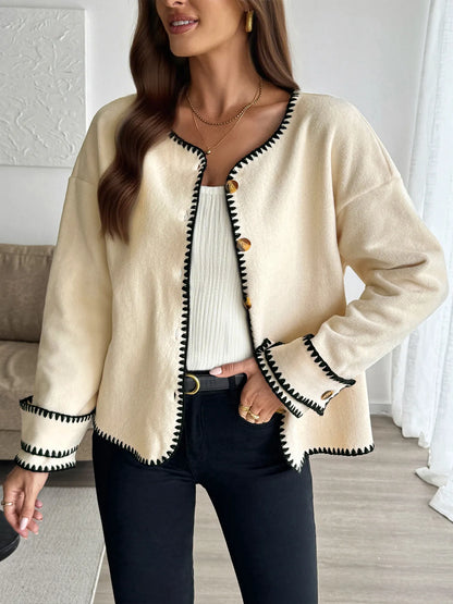 Contrast Trim Button Up Jacket - Beige