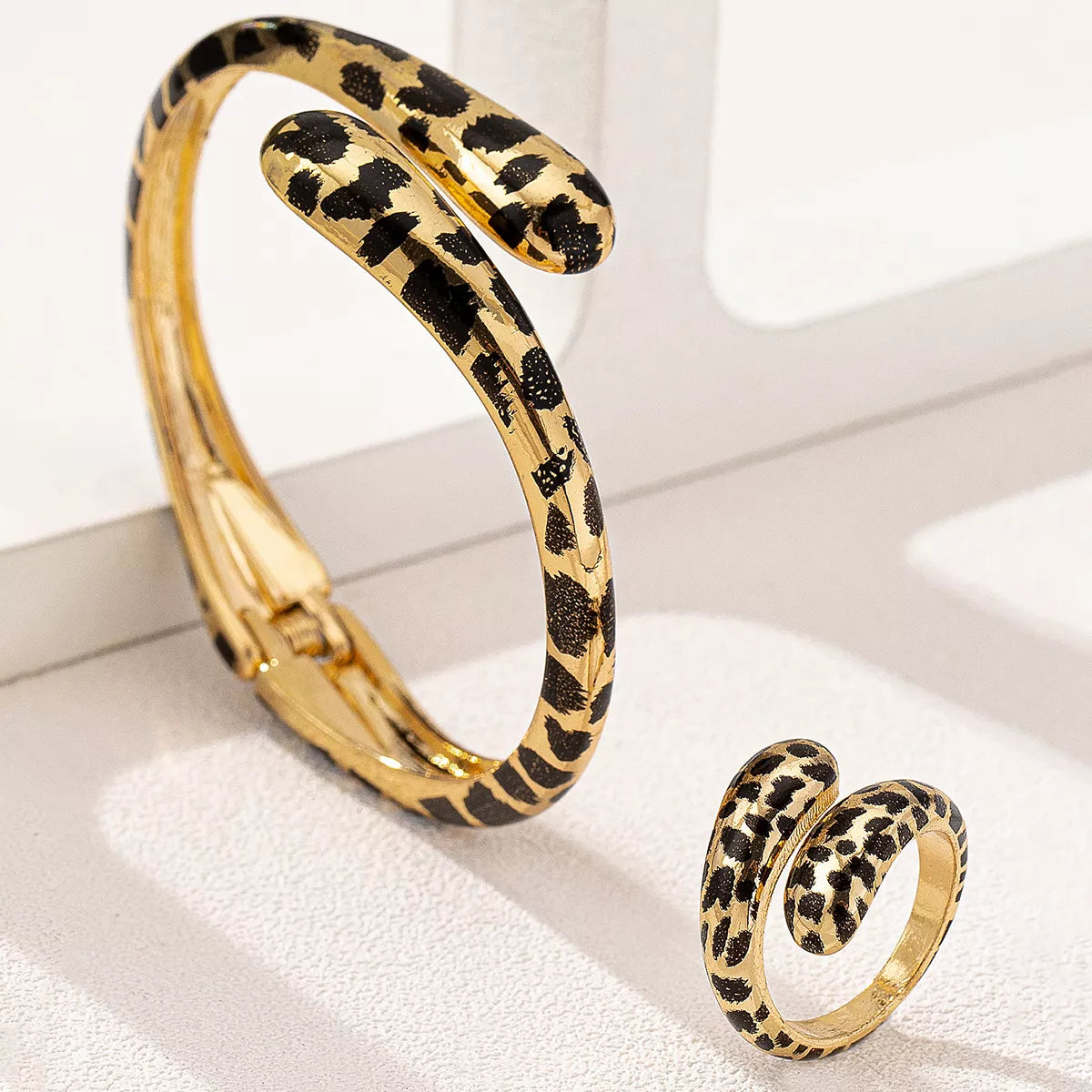 Leopard Bypass Ring and Bracelet Jewelry Set -
