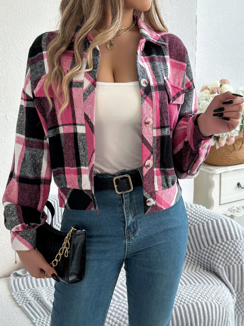 Plaid Button Up Long Sleeve Jacket - Fuchsia Pink