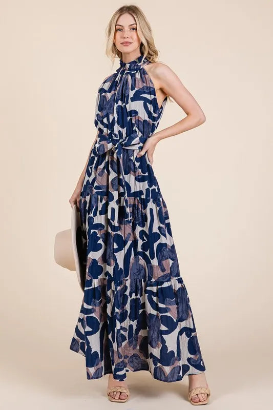 Abstract Halter Neck Tie-Waist Maxi Dress -