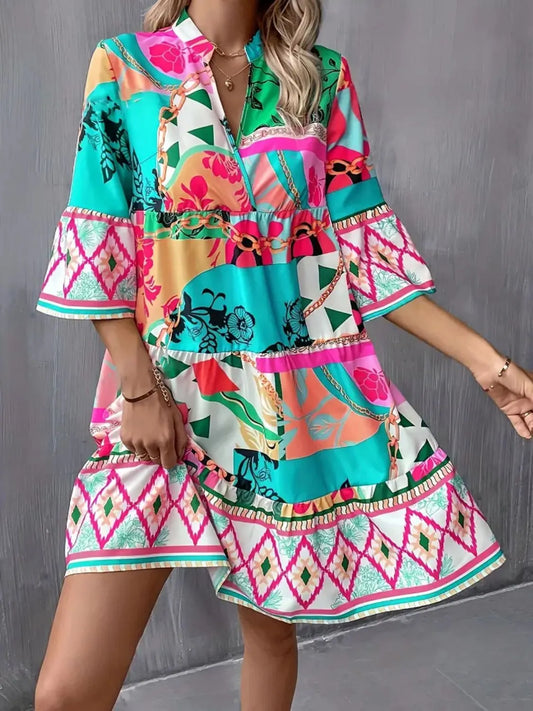 Printed Notched Tiered Dress - Pastel Blue