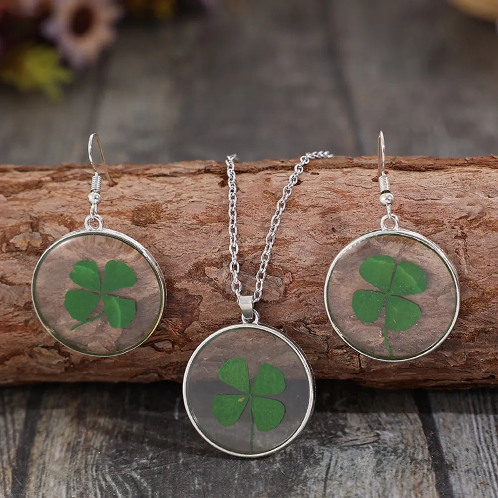 Lucky Clover Alloy Acrylic Earrings and Necklace Jewelry Set -