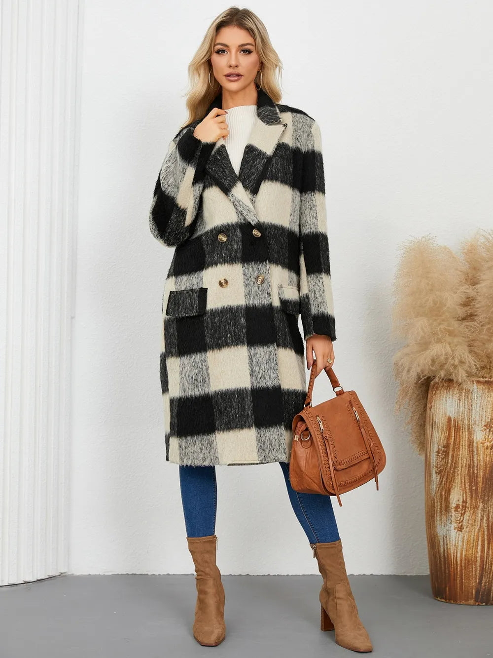 Plaid Double-Breasted Long Sleeve Coat - Black
