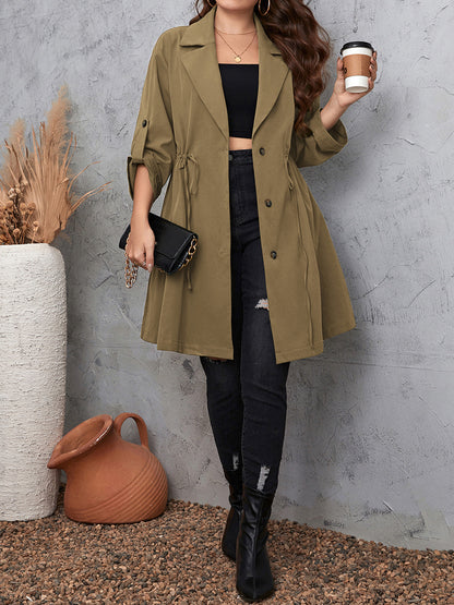 Plus Size Lapel Collar Drawstring Roll-Tab Sleeve Trench Coat - Mocha