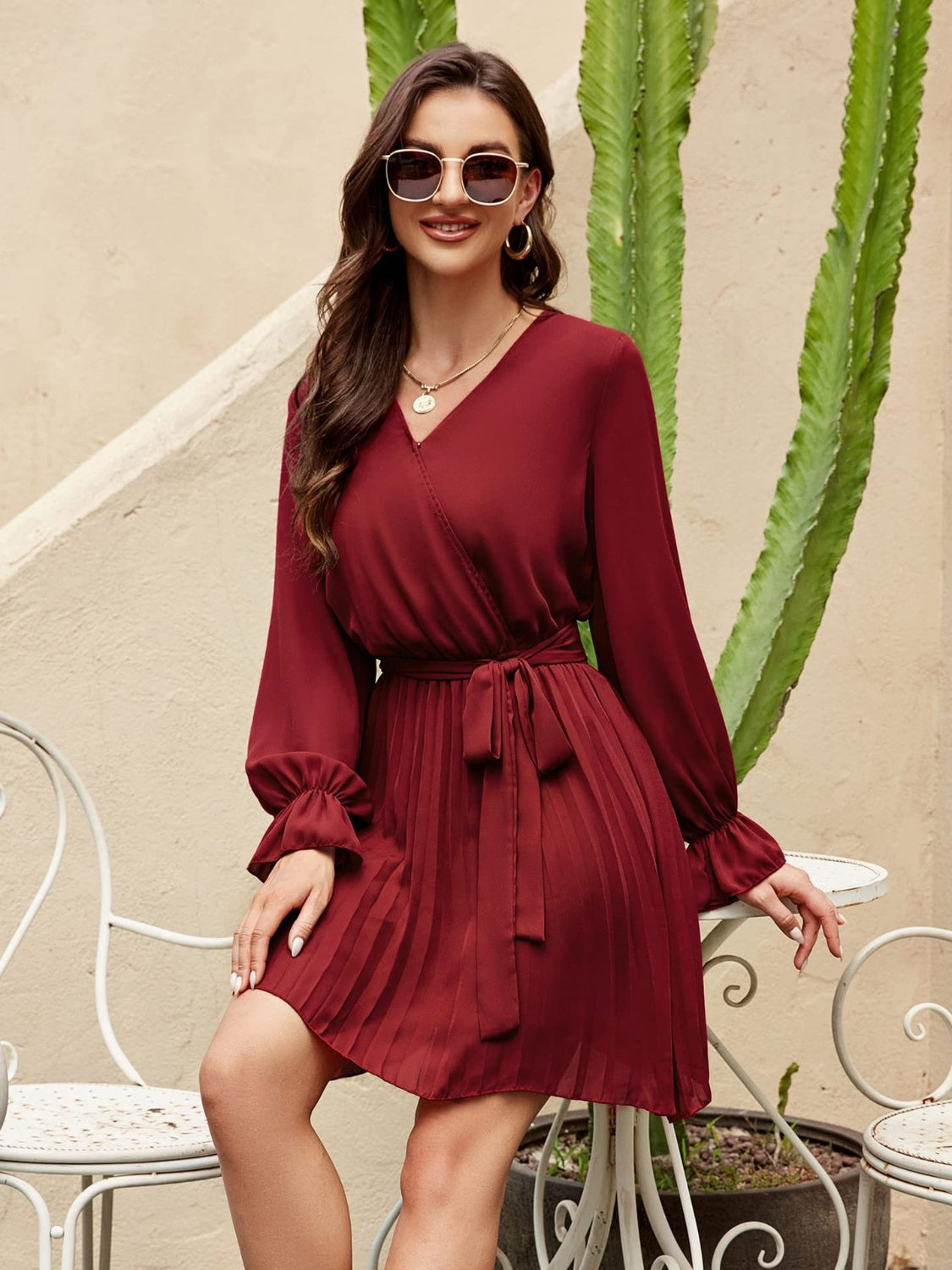 Surplice Flounce Sleeve Pleated Mini Dress - Wine