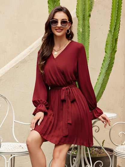 Surplice Flounce Sleeve Pleated Mini Dress - Wine