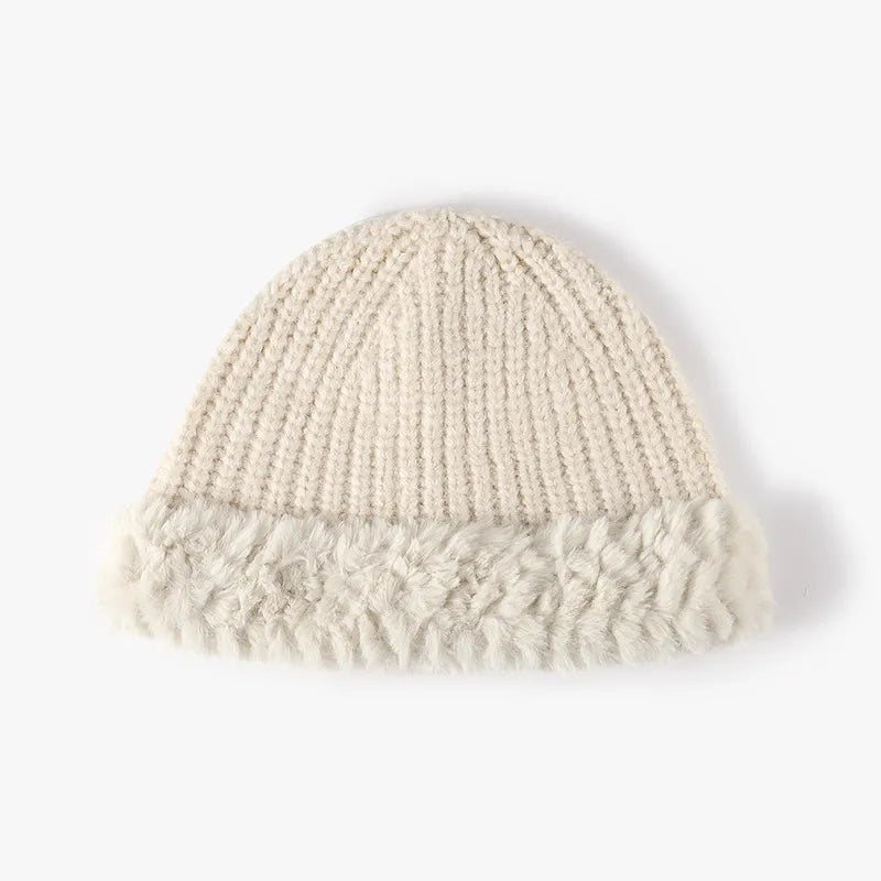 Fuzzy Hem Knit Hat - Beige One Size