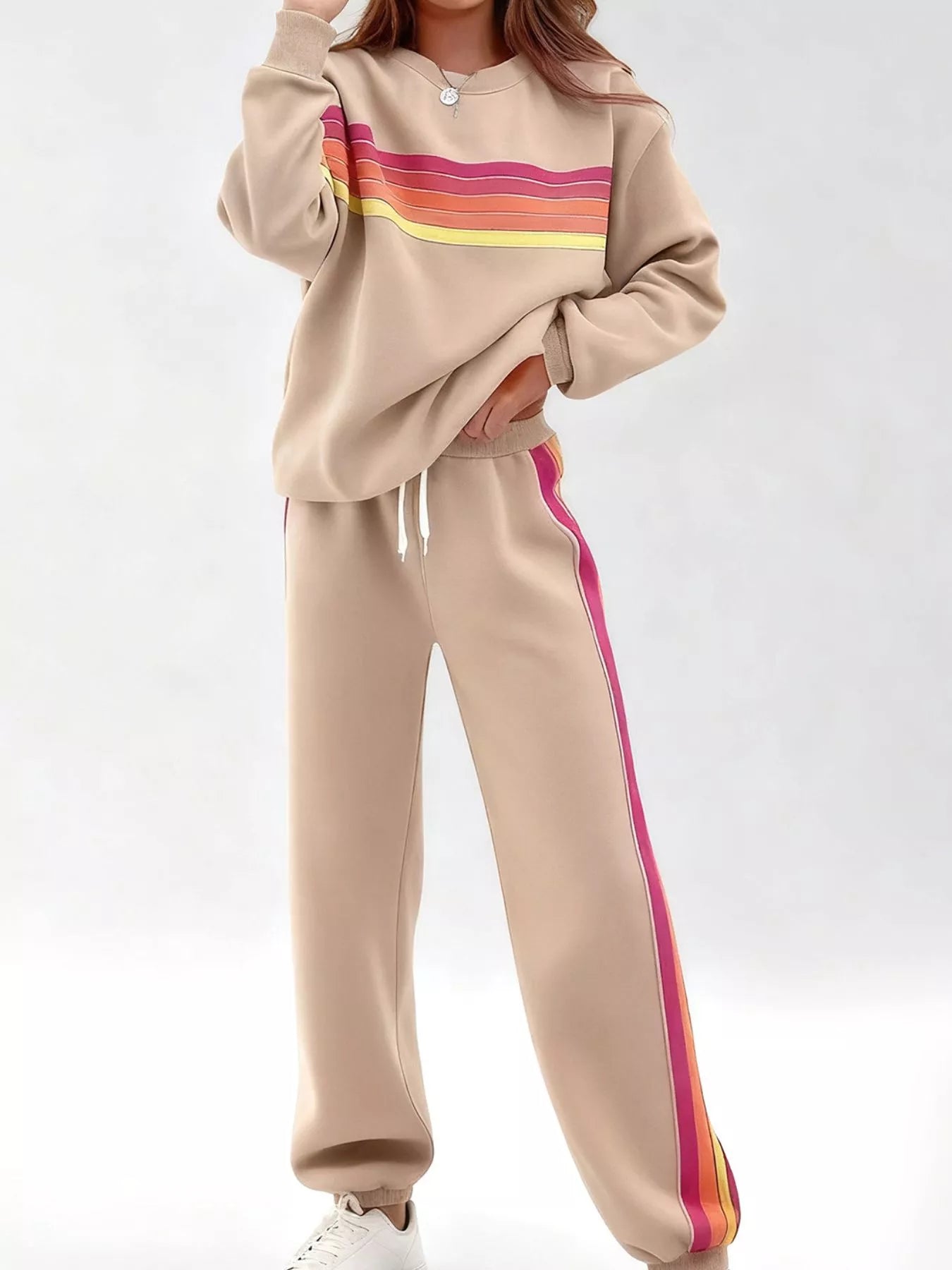 Striped Round Neck Sweatshirt and Pants Set - Khaki