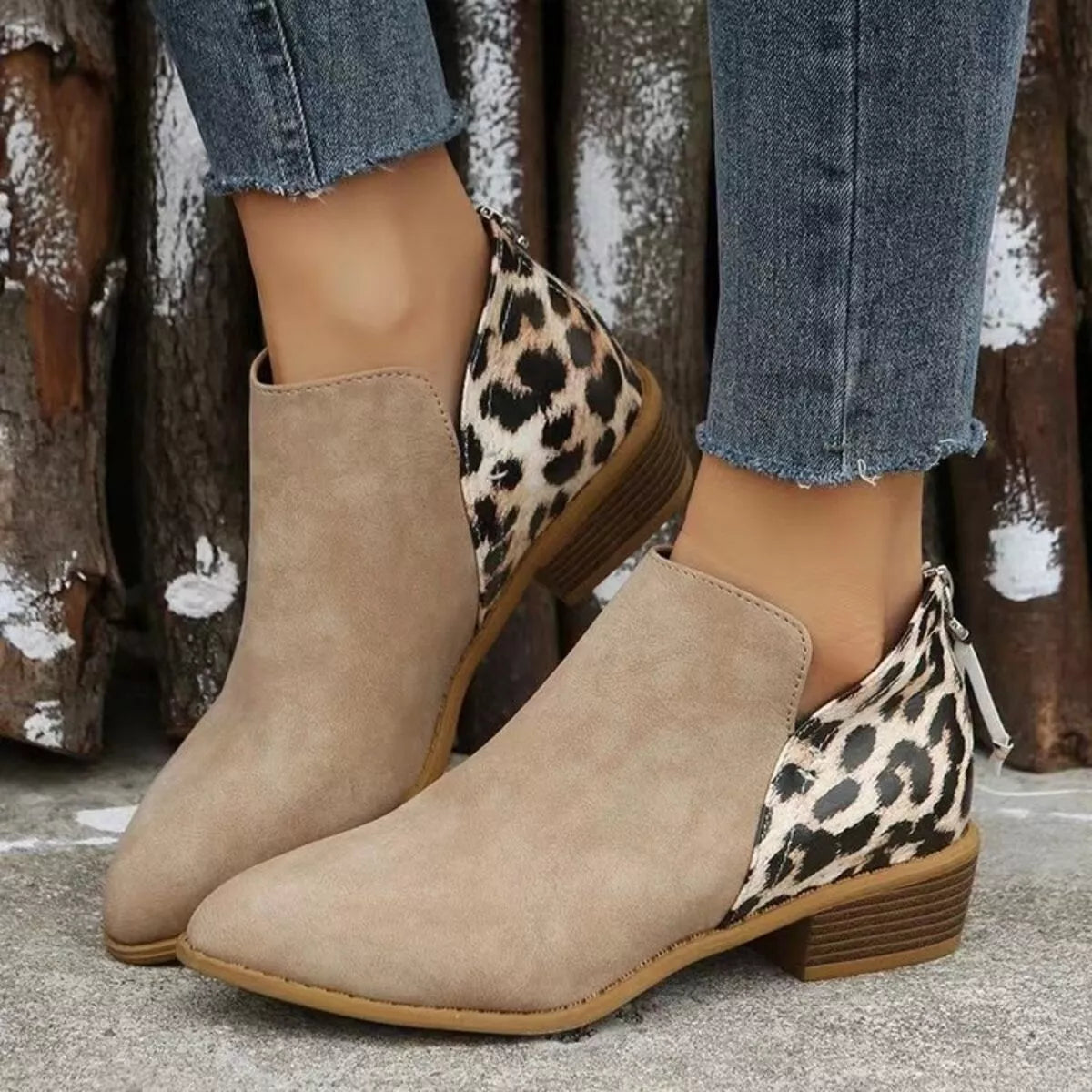 Leopard Point Toe Block Heels Boots - Khaki