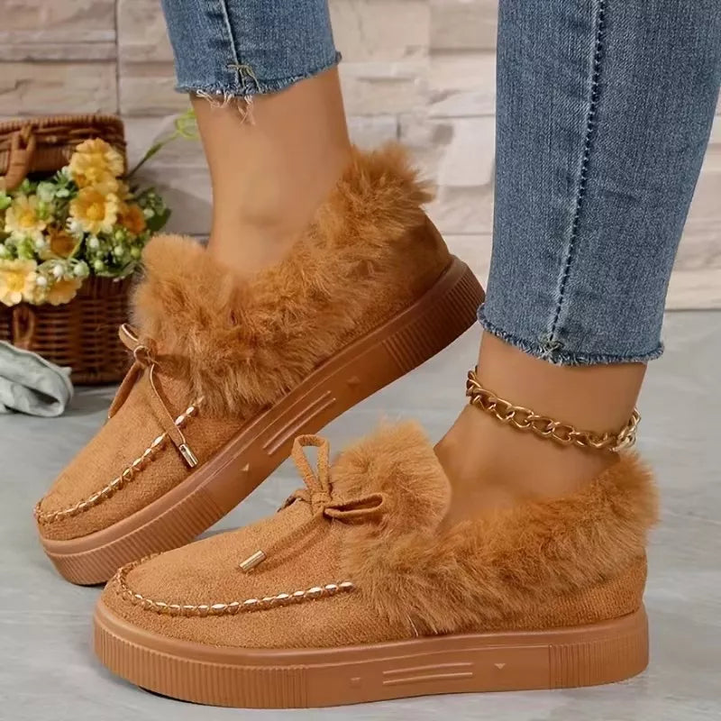Fuzzy Round Toe Slip-Ons - Brown