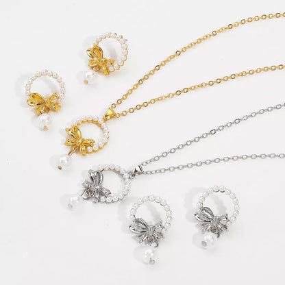 Bowknot Pearl Earrings and Pendant Necklace Jewelry Set -