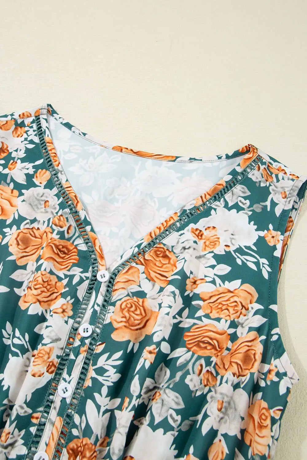 Floral Print Trimmed V-Neck Tie Waist Dress -