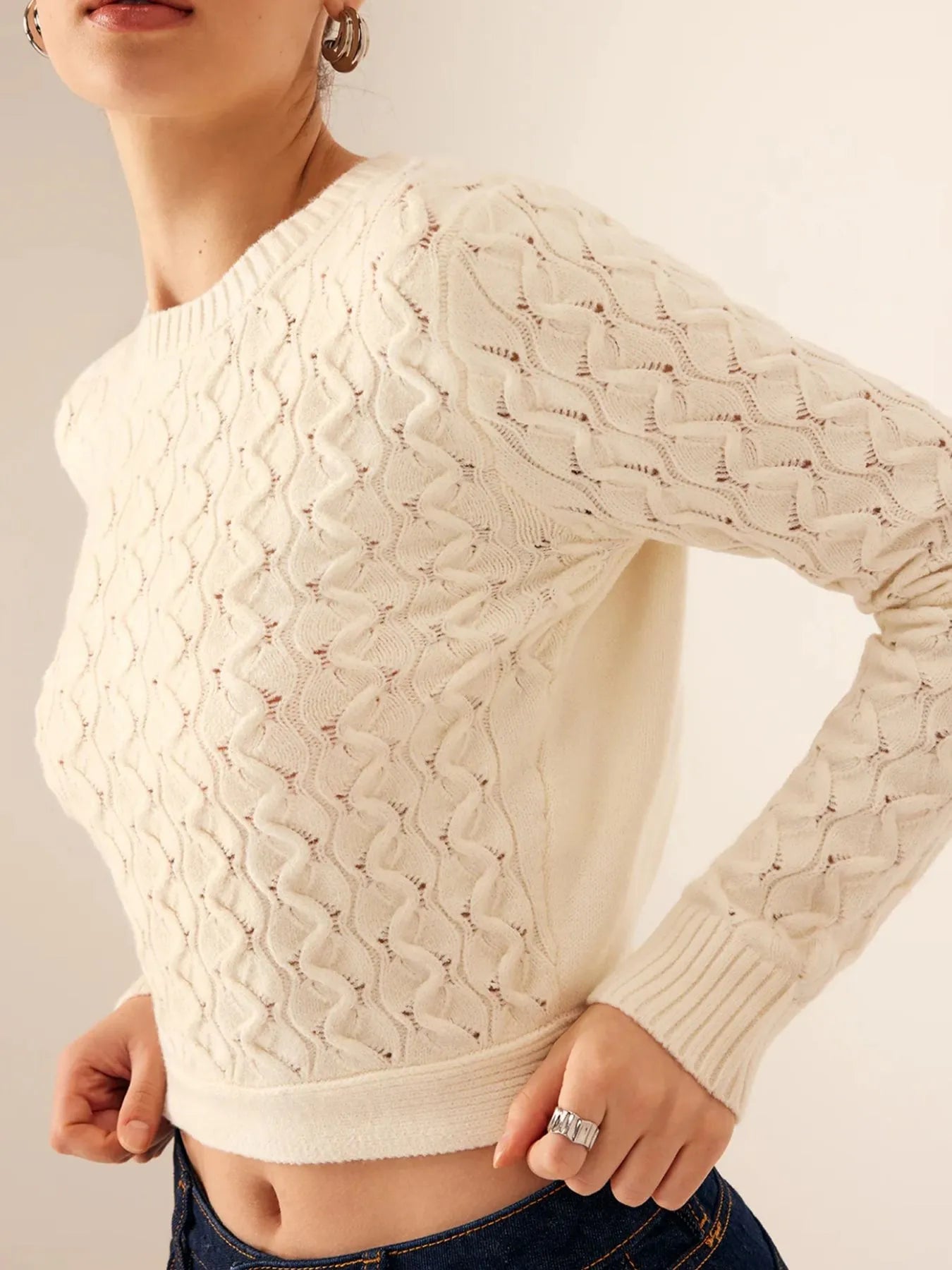 Cutout Bow Back Texture Round Neck Sweater - Cream