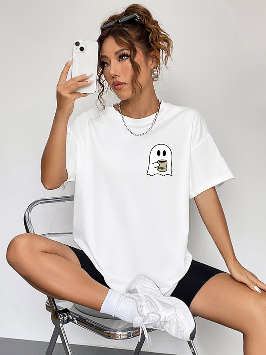 Round Neck Short Sleeve Ghost Graphic T-Shirt - White