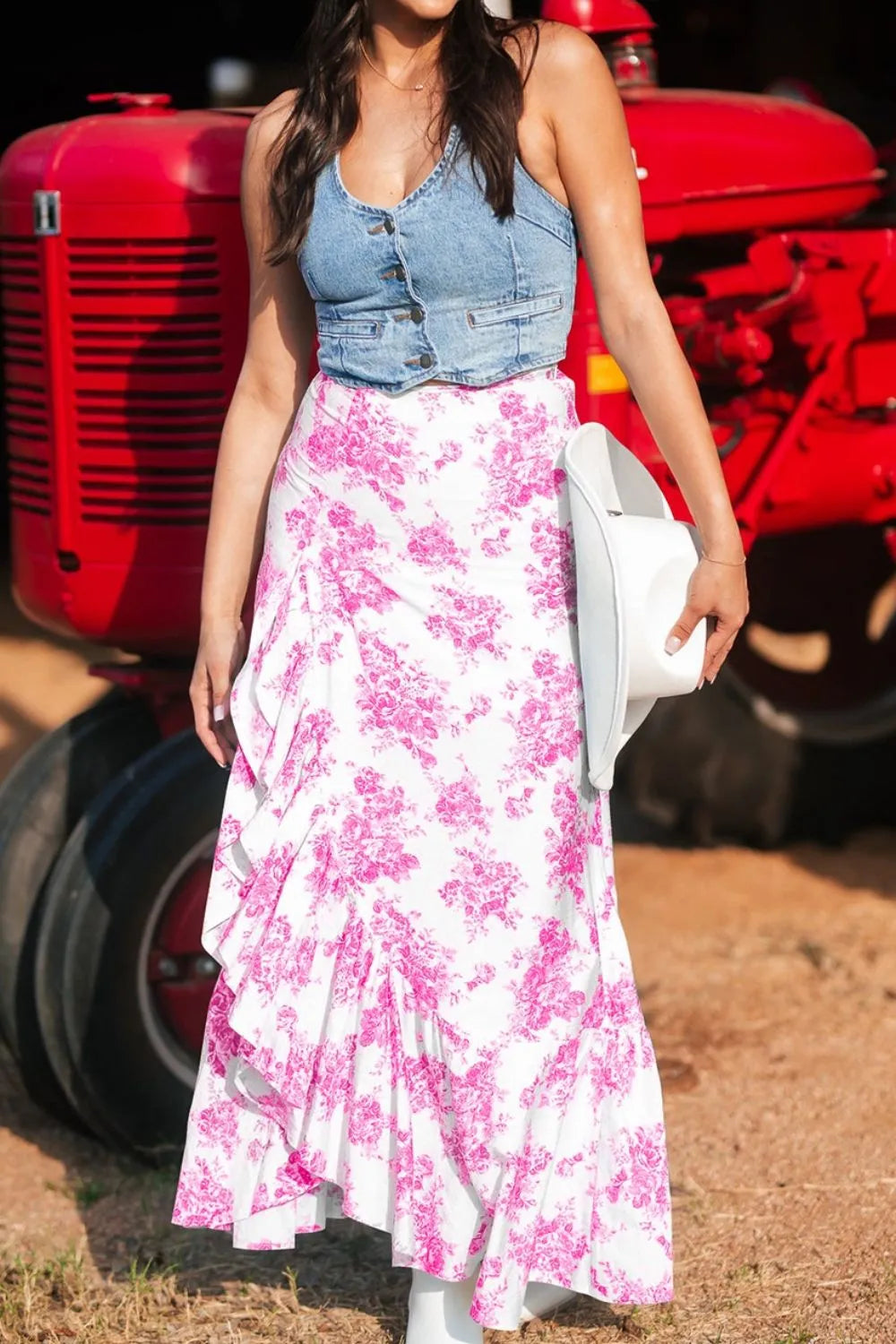 Boho Floral High Waist Ruffle Split Maxi Skirt -