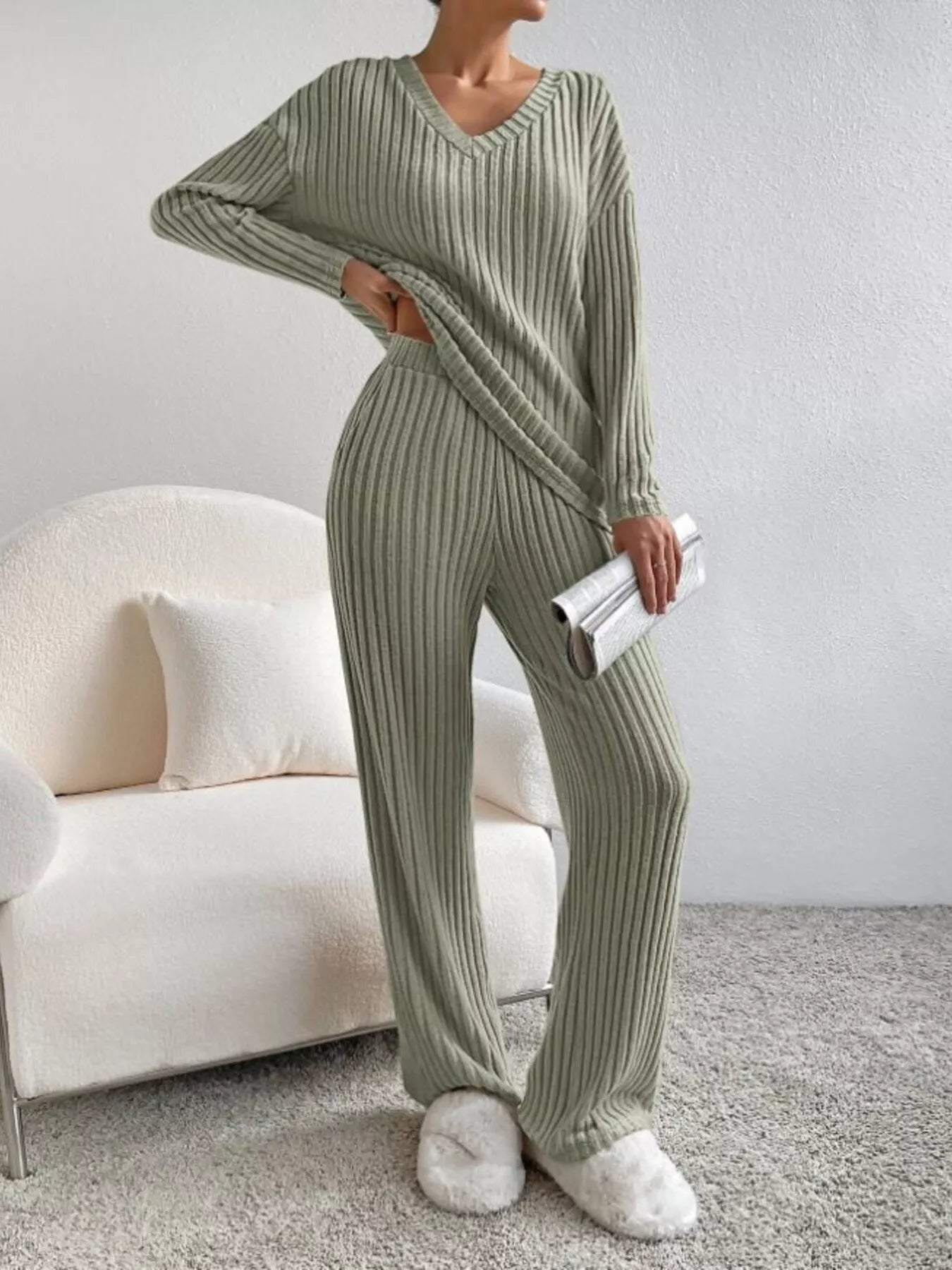 Ribbed Knit V-Neck Top and Pants Set - Sage