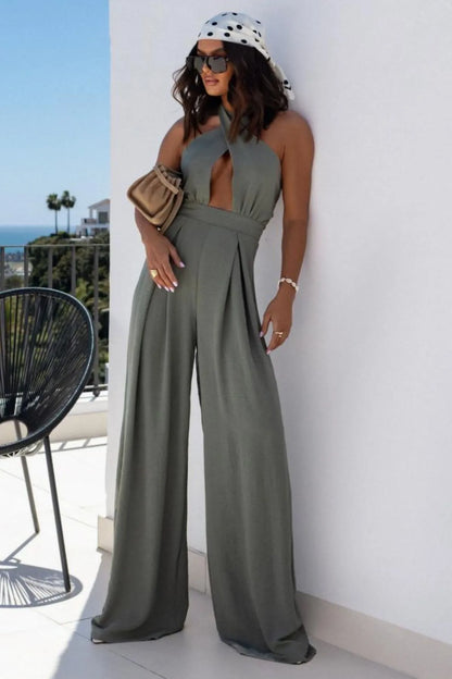 Halter Neck Wide Leg Jumpsuit - Sage