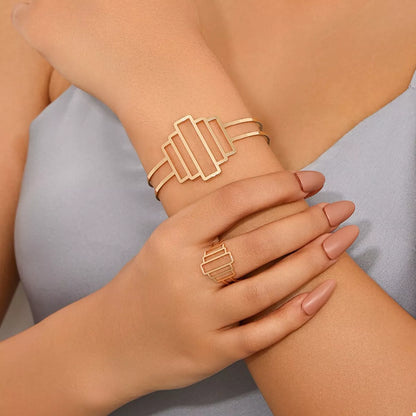 Gold-Plated Open Bracelet and Ring Jewelry Set -