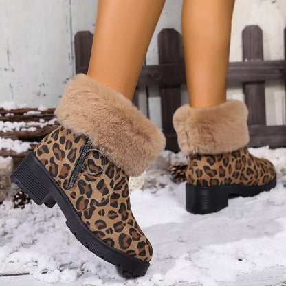 Fuzzy Cuff Leopard Print Ankle Boots -