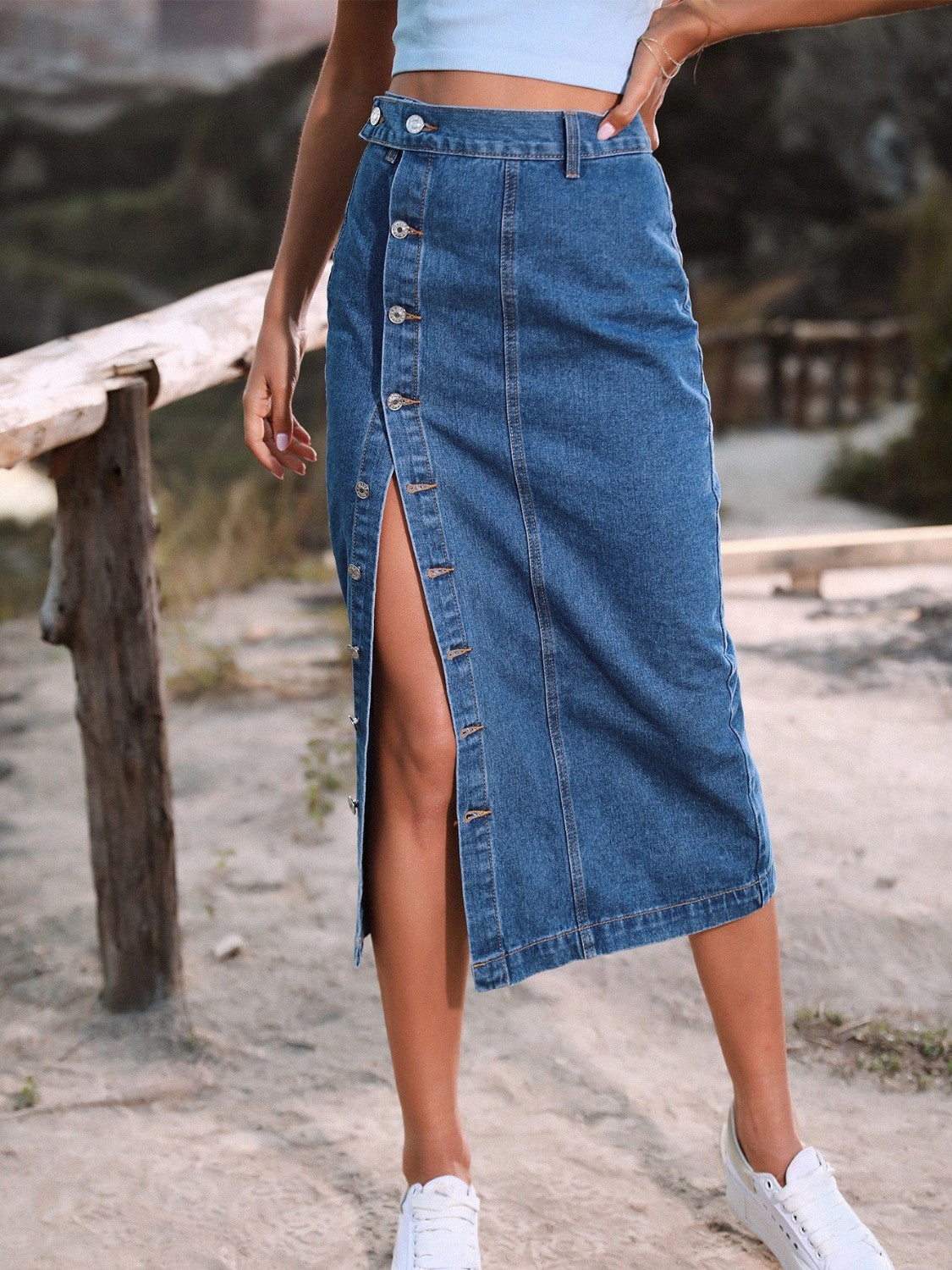 Button Down Denim Skirt - French Blue