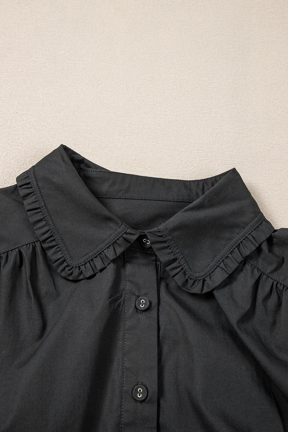 Button Down Puff Sleeve Ruffle Hem Dress -