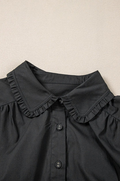 Button Down Puff Sleeve Ruffle Hem Dress -