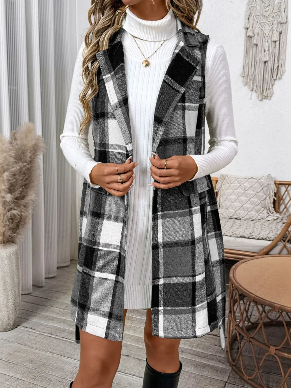 Tied Plaid Vest Coat - Dark Gray