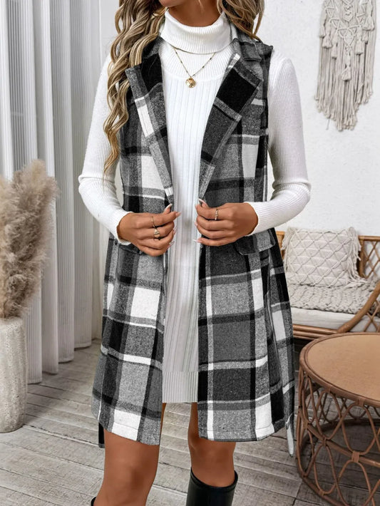 Tied Plaid Vest Coat - Dark Gray