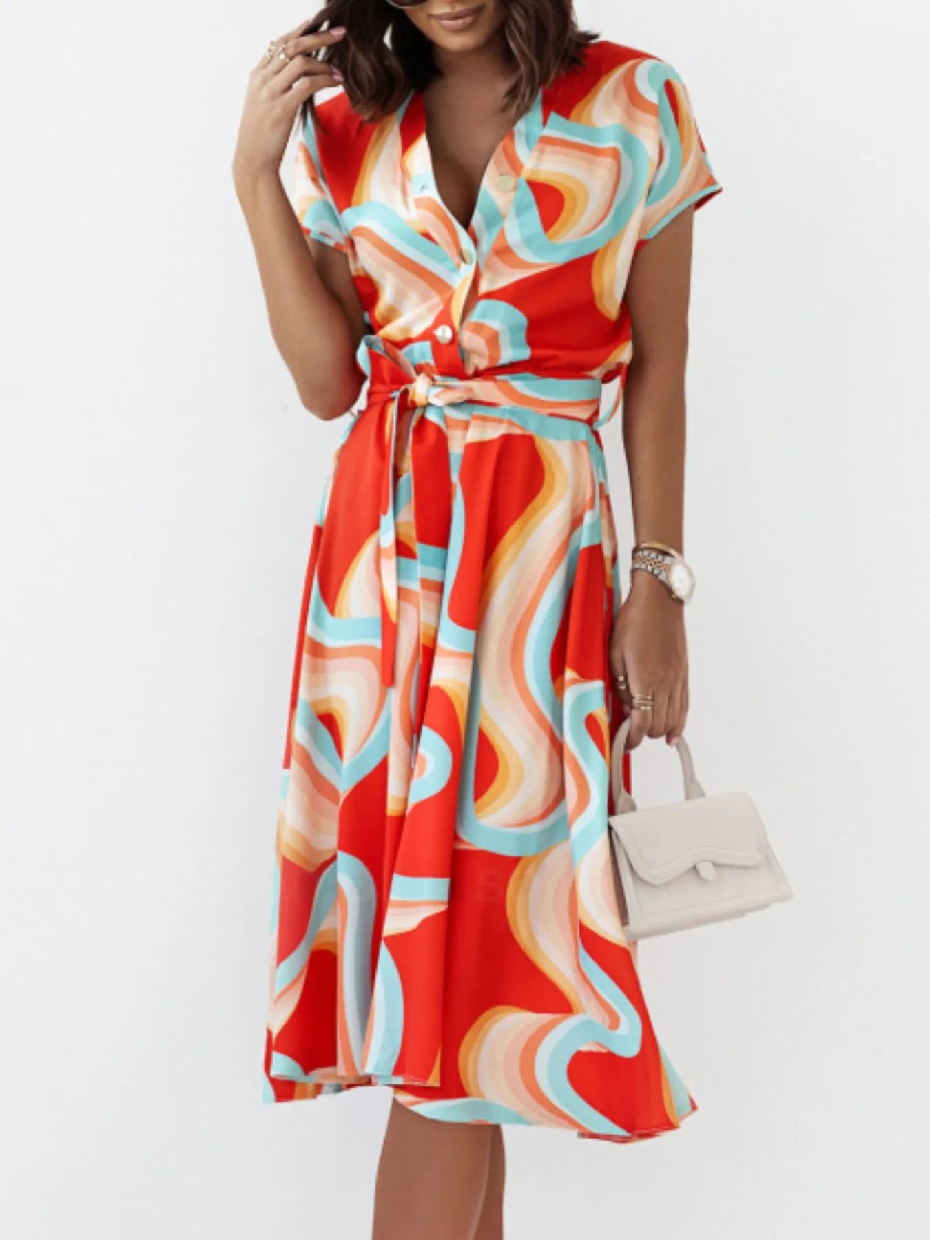 Printed Button Front Midi Dress - Red