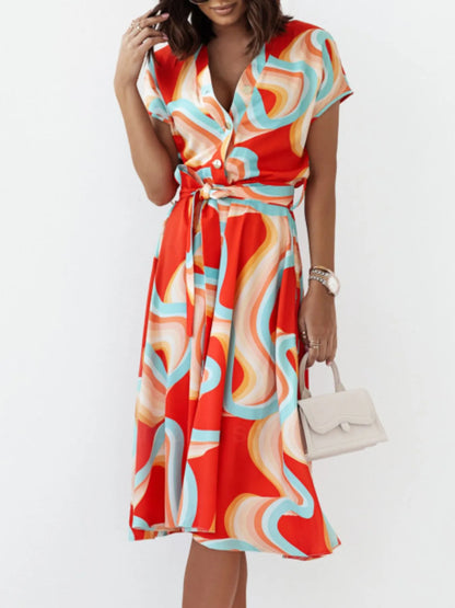 Printed Button Front Midi Dress - Red