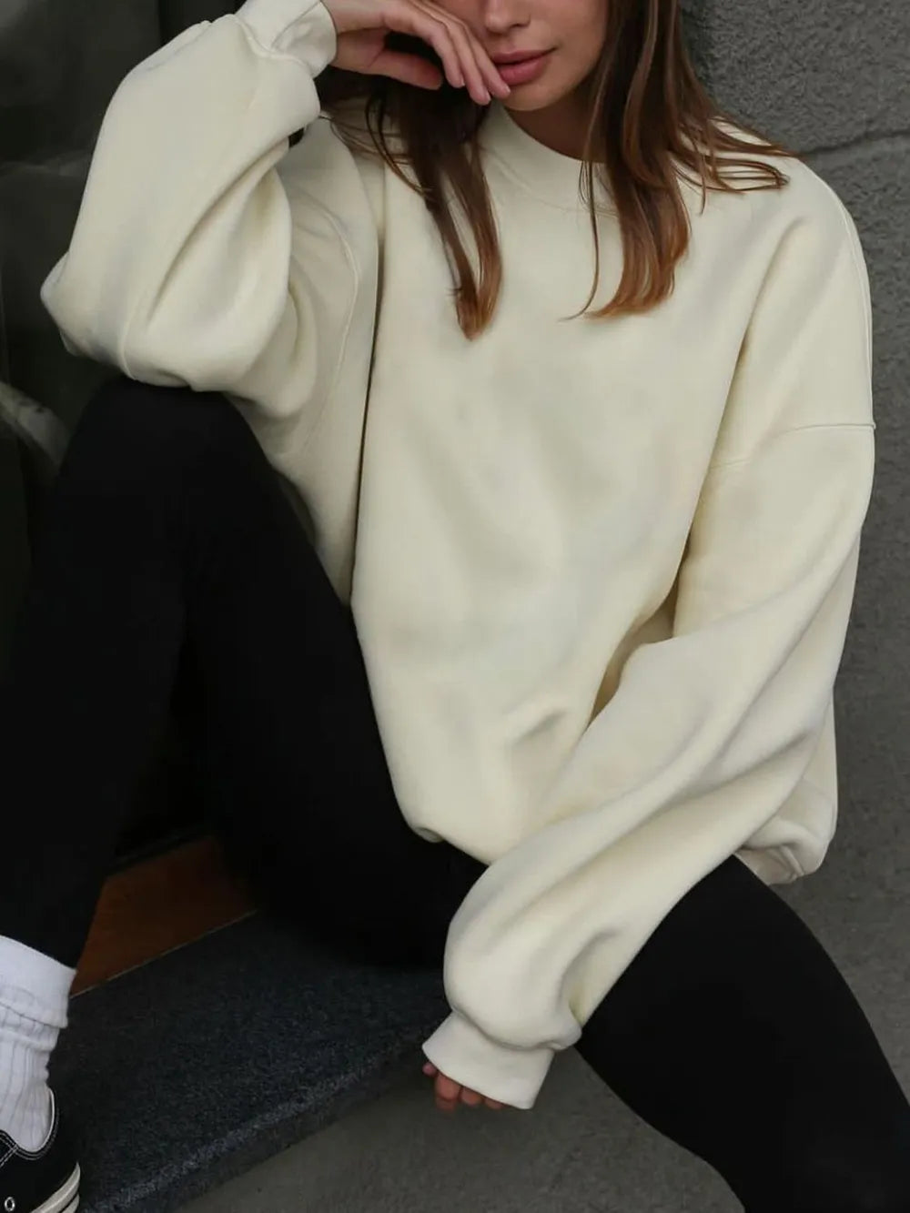 Round Neck Dropped Shoulder Long Sleeve Sweatshirt - Beige