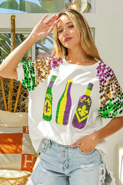 Sequin Mardi Gras Bottles Spangled Sleeve Top -