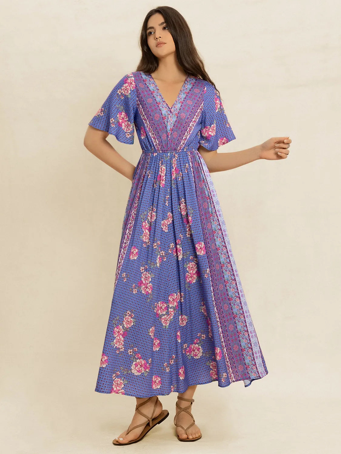 Printed Short Sleeve Midi Dress -