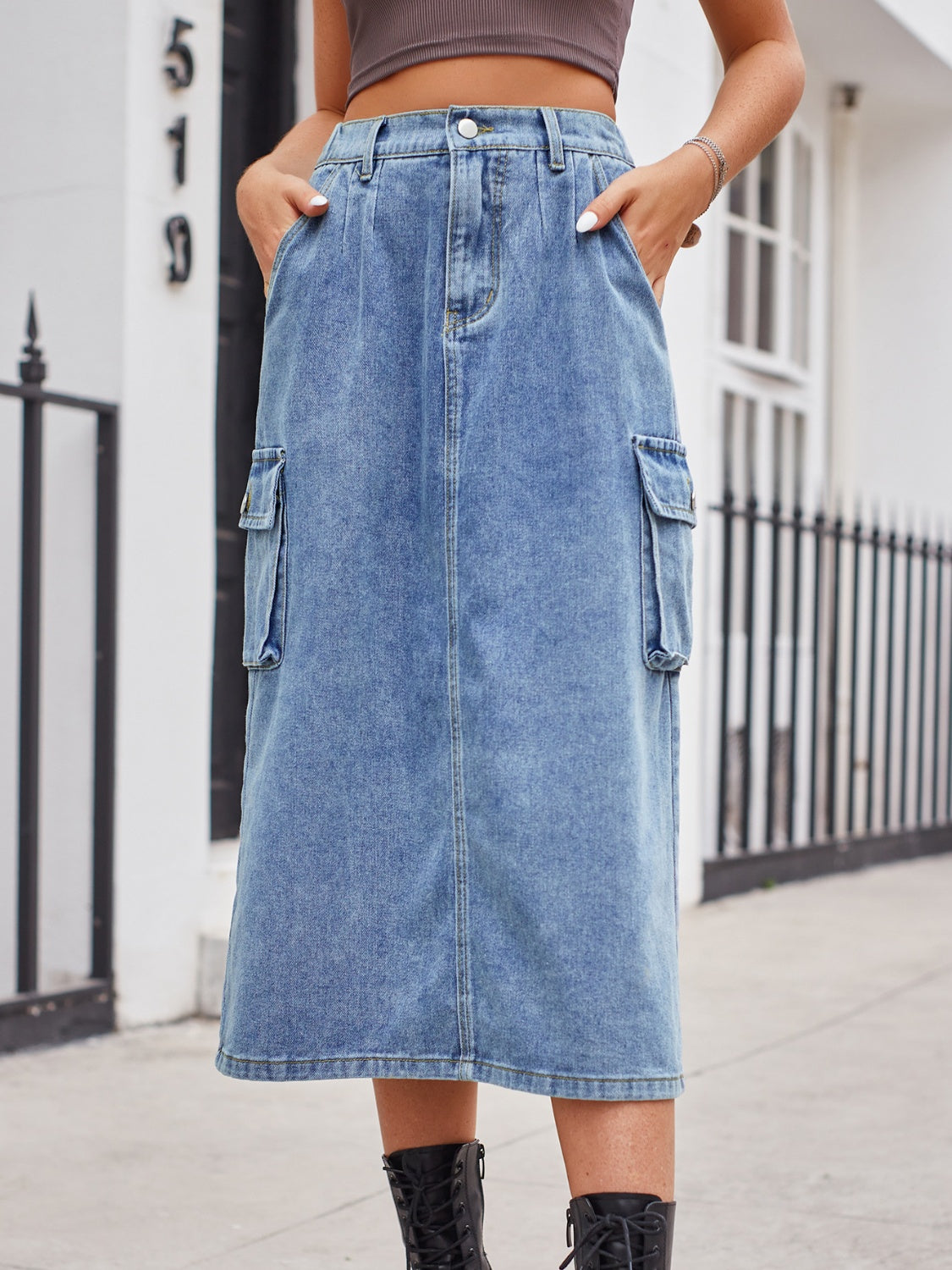 Slit Buttoned Denim Skirt with Pockets - Dusty Blue