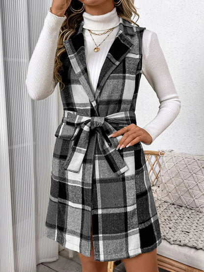 Tied Plaid Vest Coat - Dark Gray