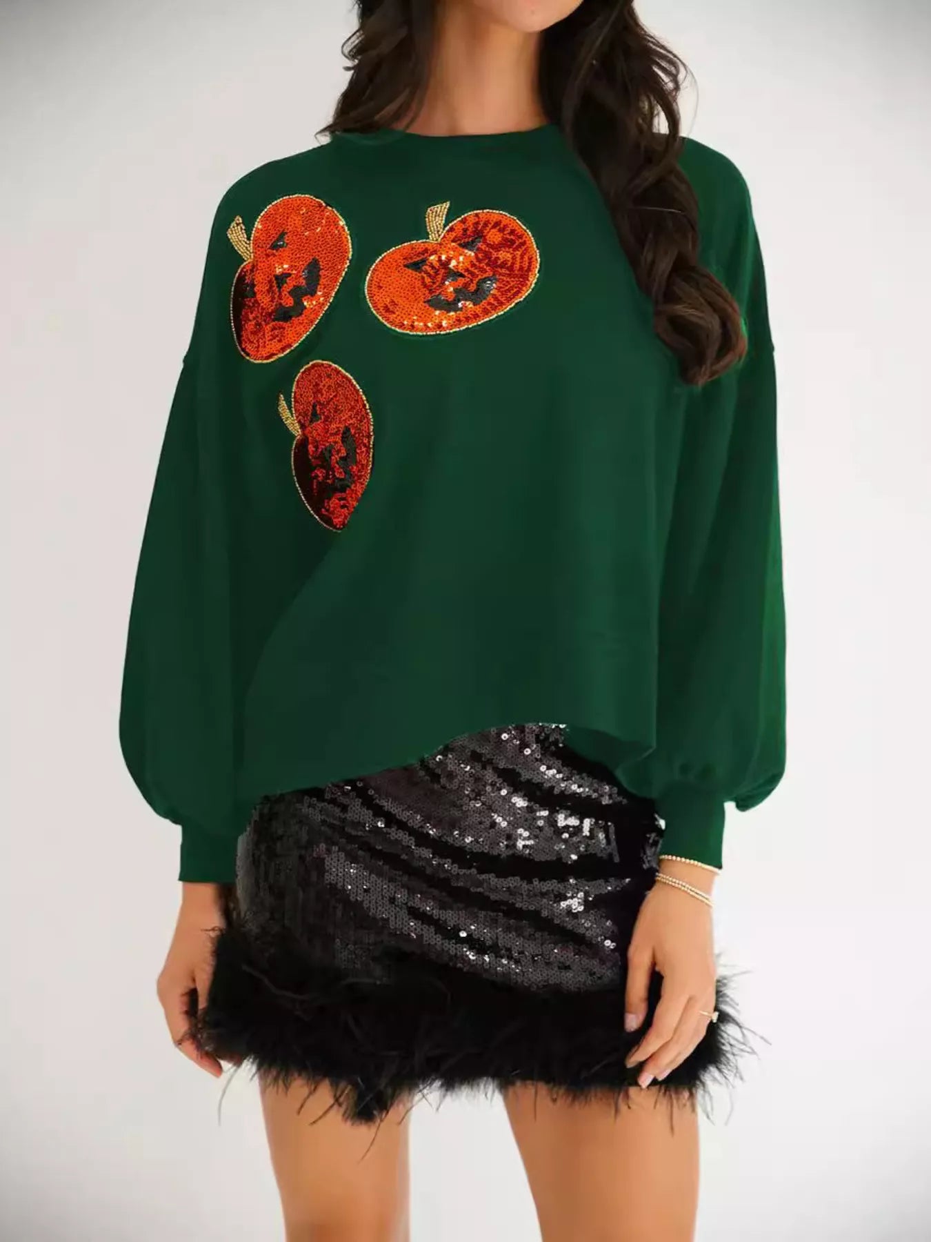Halloween Pumpkin Round Neck Sweatshirt - Green