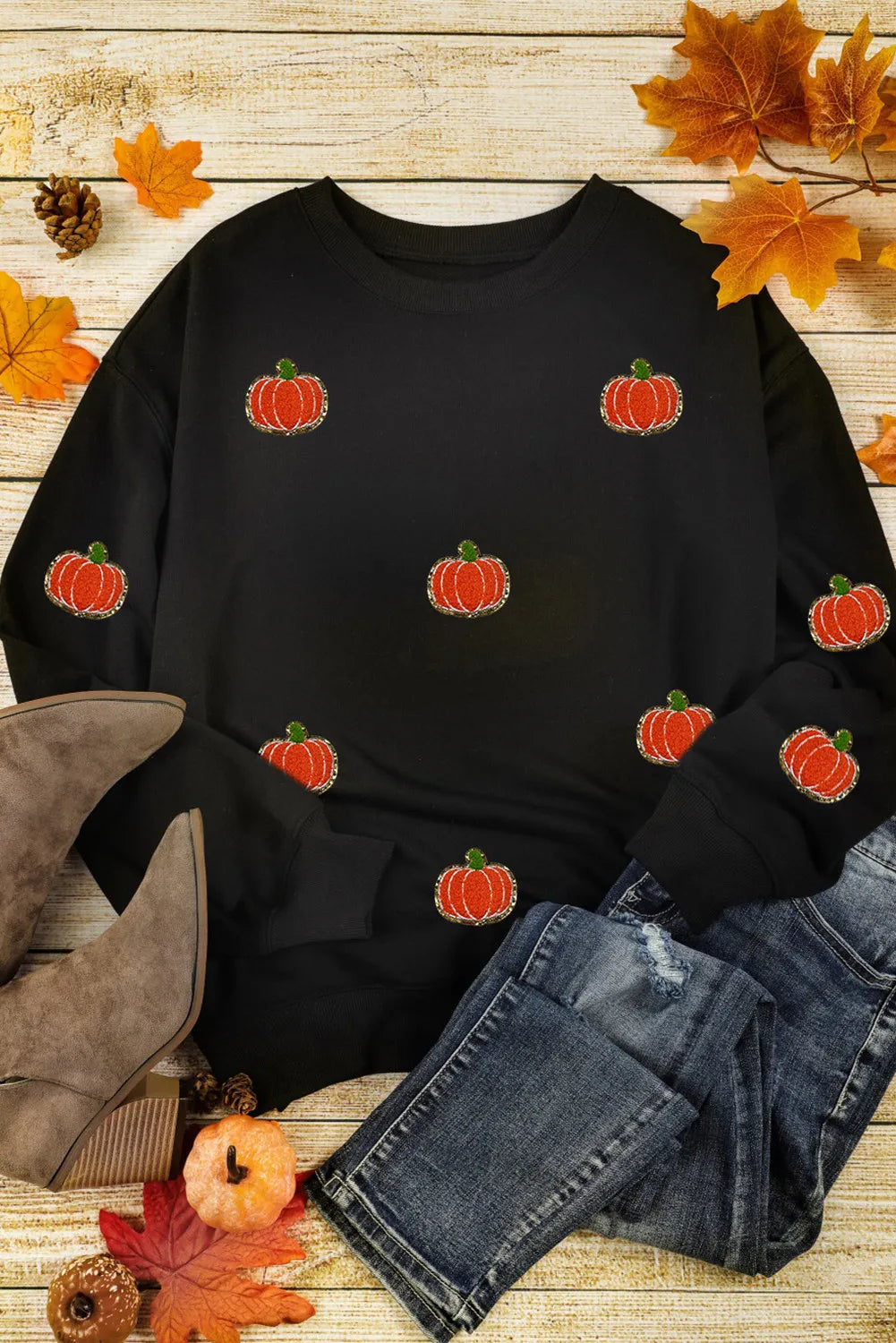 Pumpkin Round Neck Long Sleeve Sweatshirt - Black