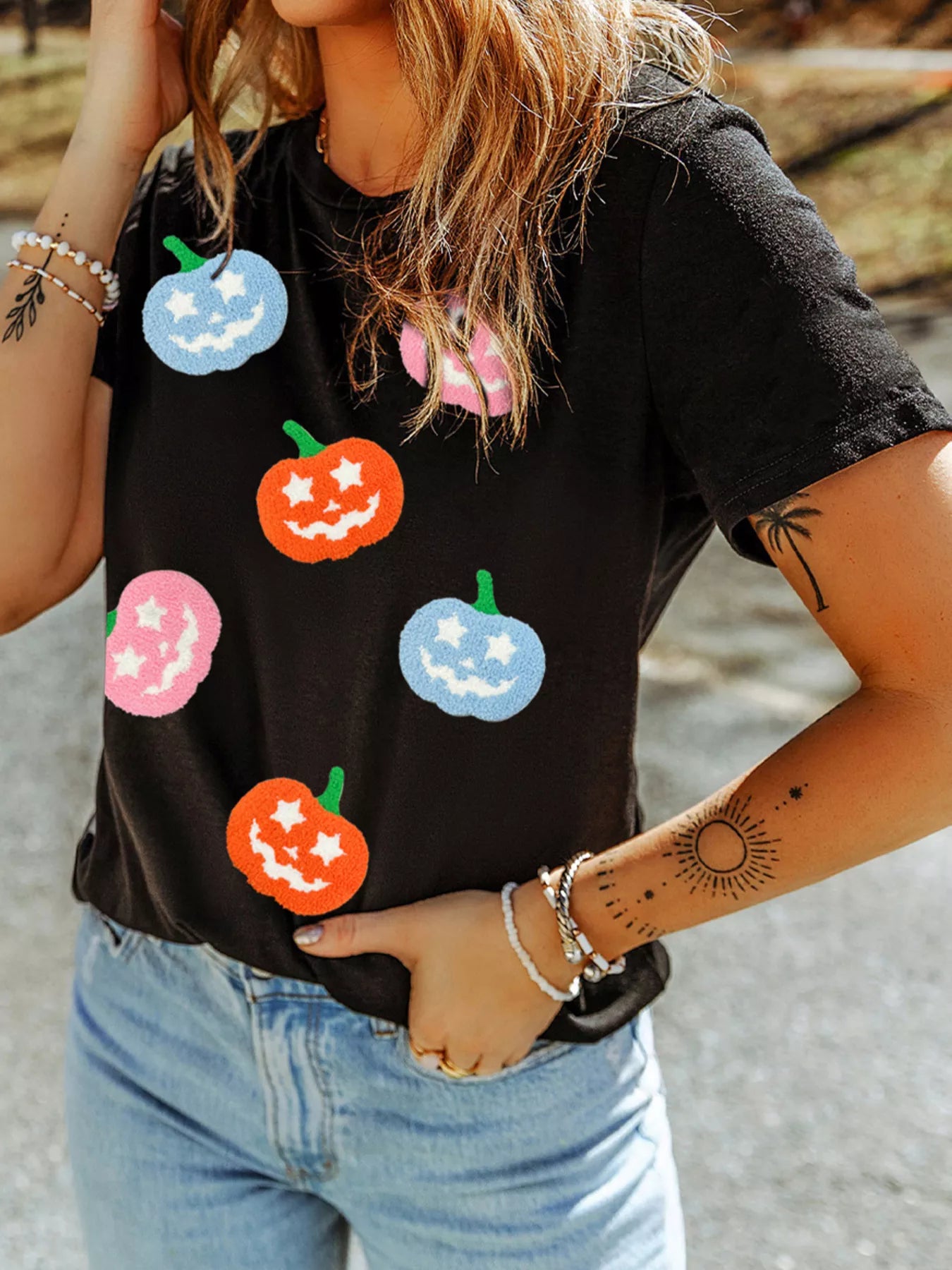 Pumpkin Patched Playful Halloween T-Shirt - Black