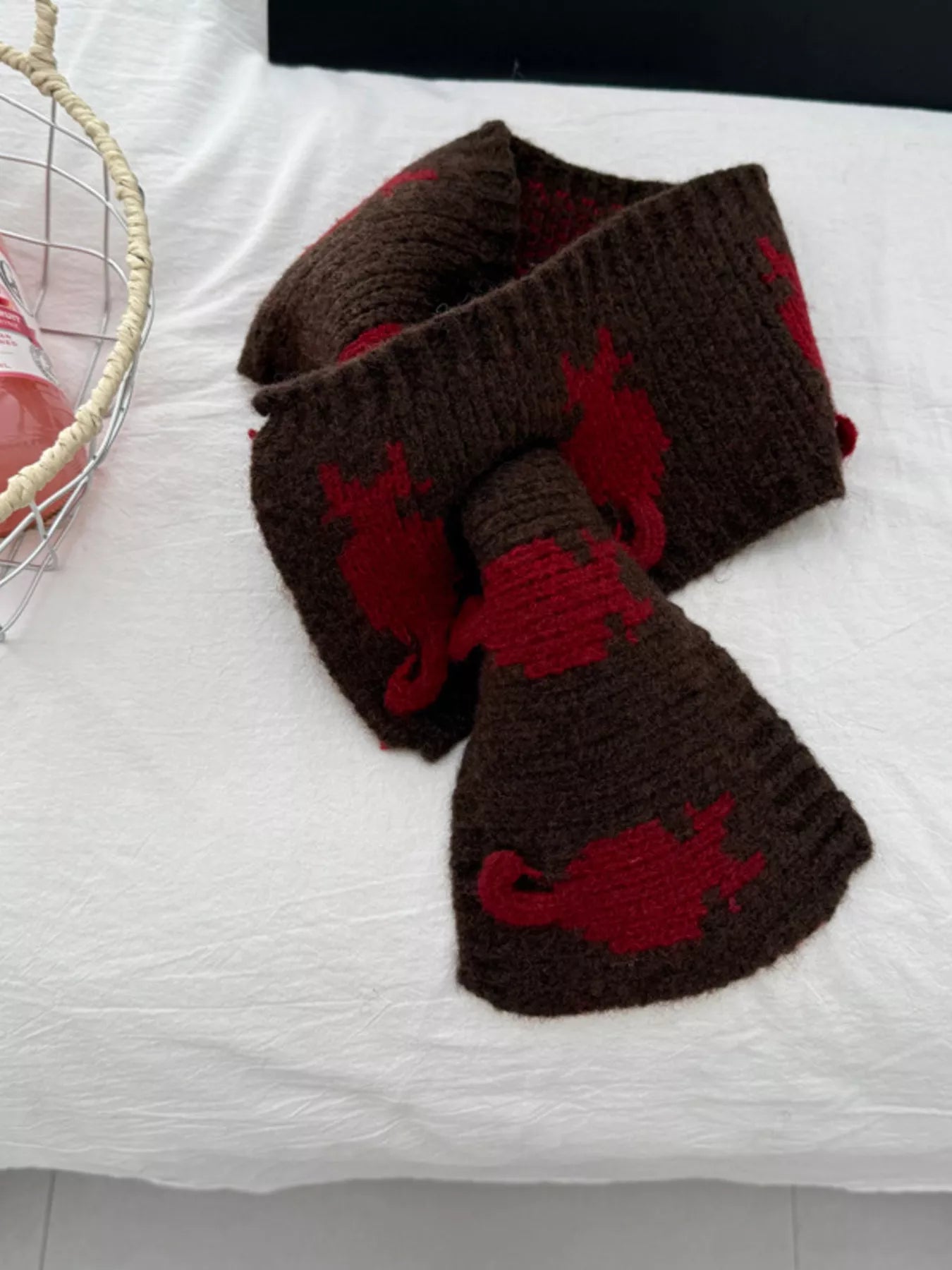 Knitted Contrast Pattern Warm Scarf - Dark Brown One Size