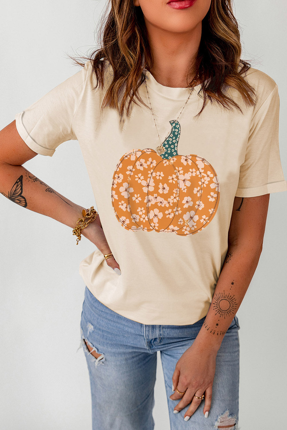 Pumpkin Graphic Round Neck Cuffed T-Shirt - Cream