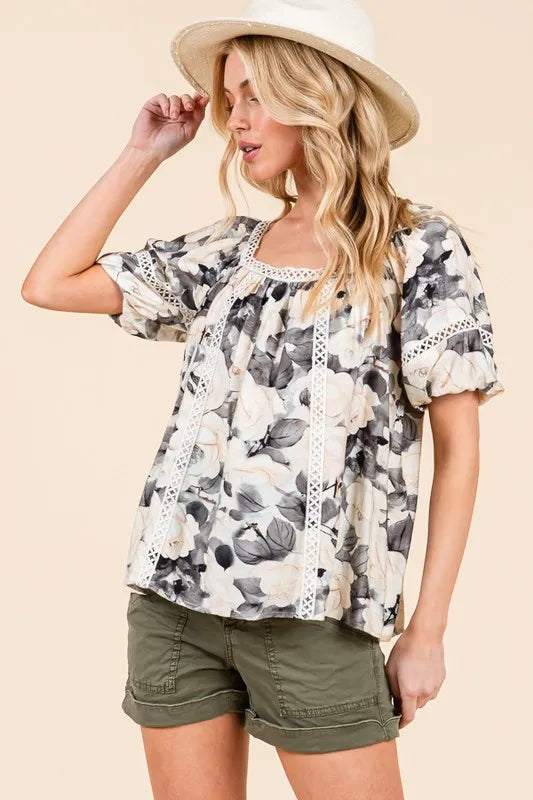 Floral Print Lace Trim Puff Sleeve Blouse -