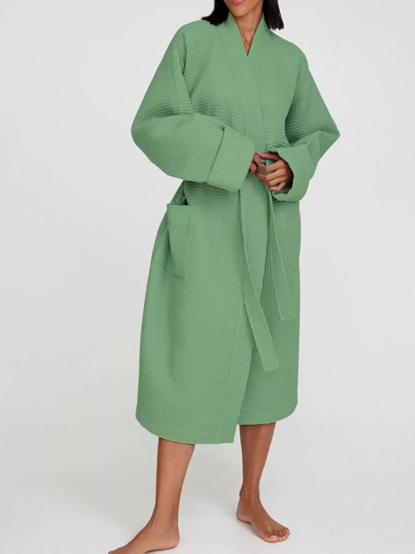Waffle Knit Tie Waist Lounge Nightgown - Green