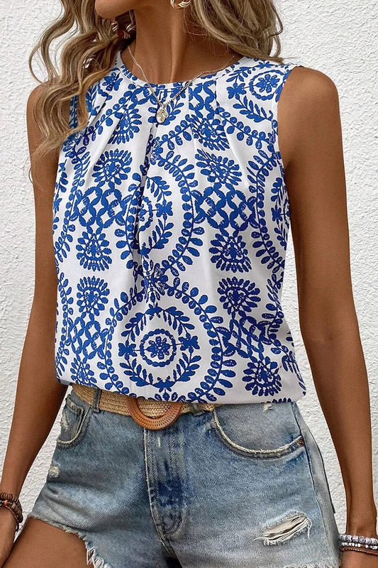 Printed Crew Neck Sleeveless Top - Blue