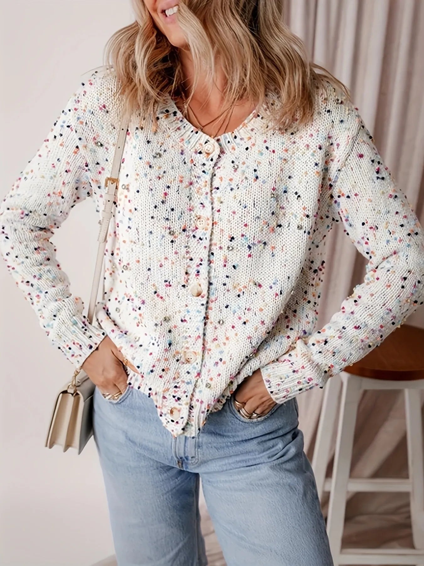 Colorful Button Up Long Sleeve Cardigan - White