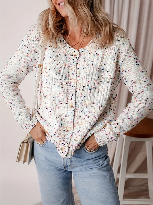 Colorful Button Up Long Sleeve Cardigan - White