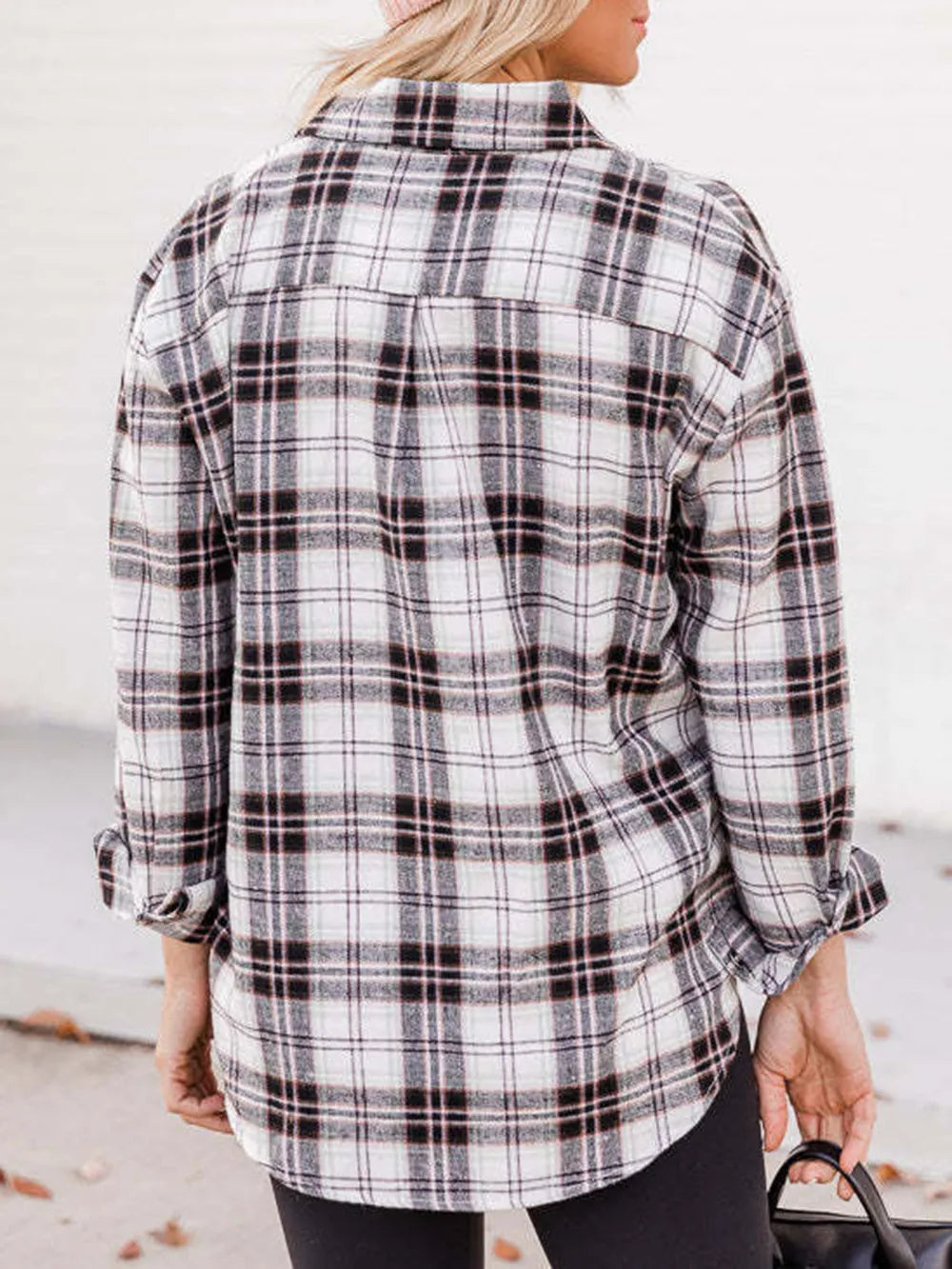 Plaid Collared Neck Long Sleeve Shirt - White