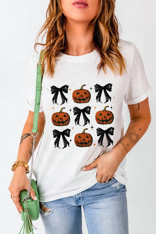 Pumpkin Round Neck Short Sleeve T-Shirt - White